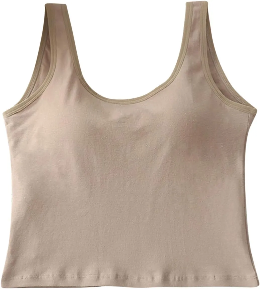 Crop Tank Tops for Women Workout Running Built-in-Bra Tanks Cotton Basic Tees Casual Slim Fit Solid Short Undershirts
