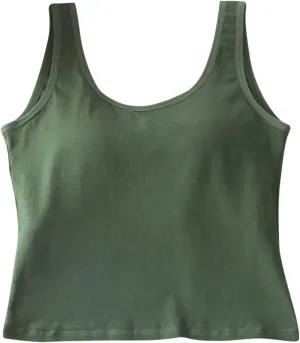 Crop Tank Tops for Women Workout Running Built-in-Bra Tanks Cotton Basic Tees Casual Slim Fit Solid Short Undershirts