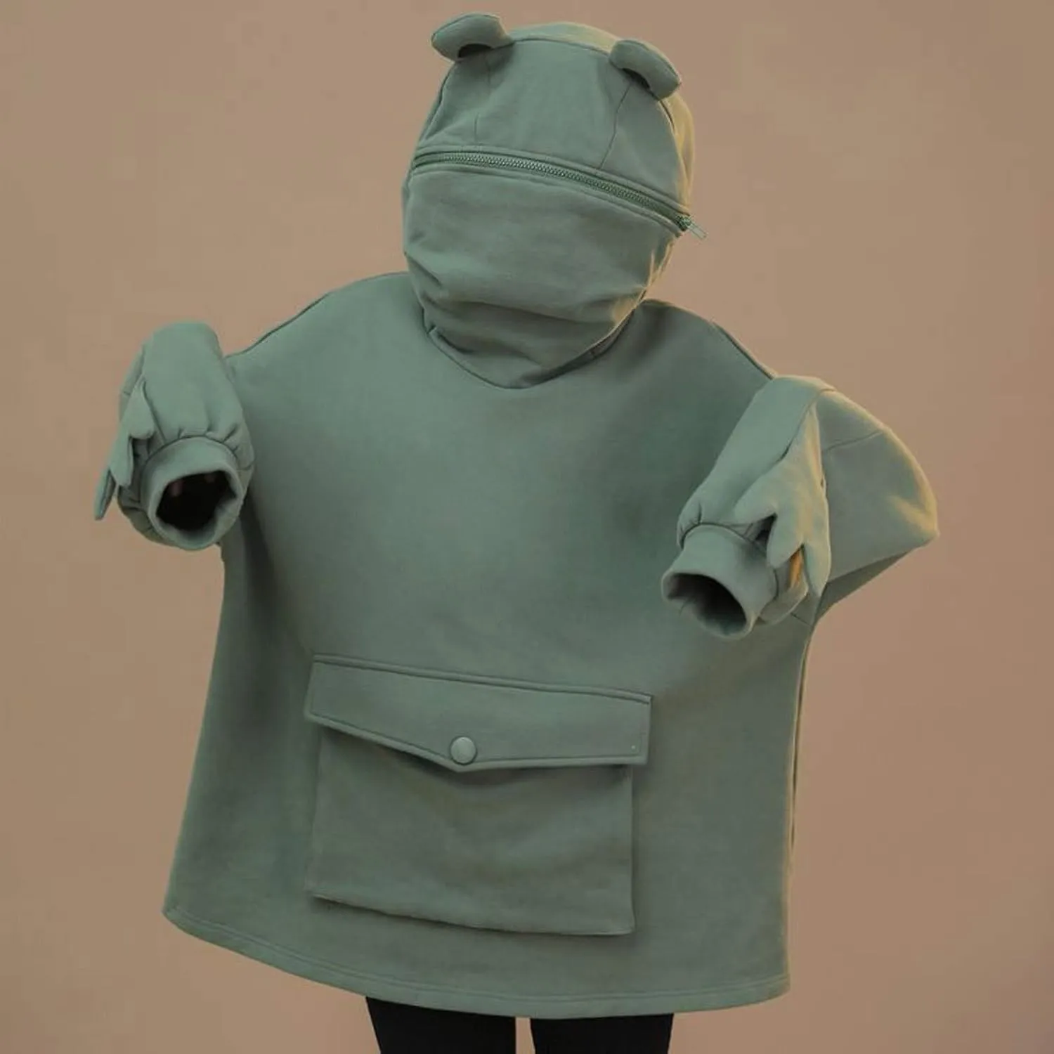 Cute Frog Hoodie for Boys Girls Zipper Mouth Cosplay Costume Pullover Trendy Pocket Long Sleeve Tops with Ear Pocket