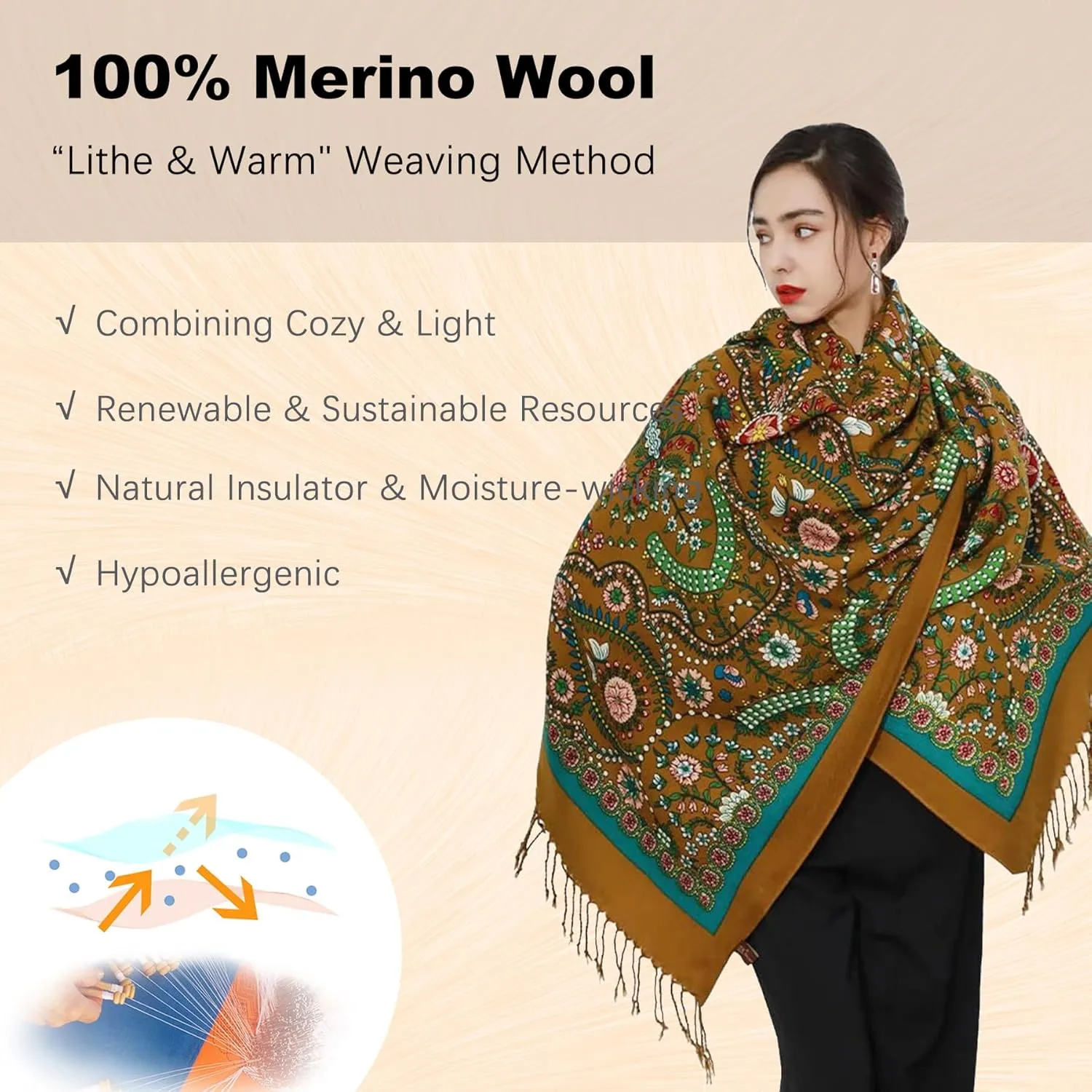 DANA XU 100% Merino Wool Extra Large Pashmina Blanket Travel Scarf Cashmere Wrap for Women Fall Winter Oversize Shawl Floral