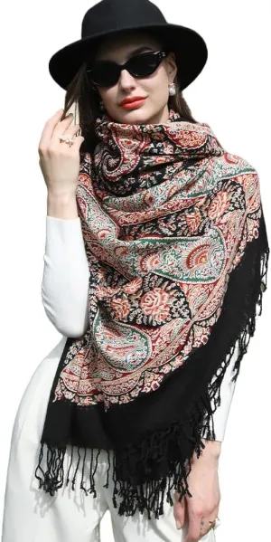 DANA XU 100% Merino Wool Extra Large Pashmina Blanket Travel Scarf Cashmere Wrap for Women Fall Winter Oversize Shawl Floral