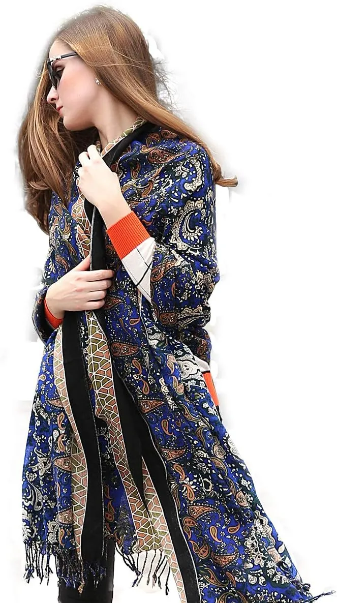 DANA XU 100% Merino Wool Extra Large Pashmina Blanket Travel Scarf Cashmere Wrap for Women Fall Winter Oversize Shawl Floral
