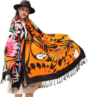 DANA XU 100% Merino Wool Extra Large Pashmina Blanket Travel Scarf Cashmere Wrap for Women Fall Winter Oversize Shawl Floral
