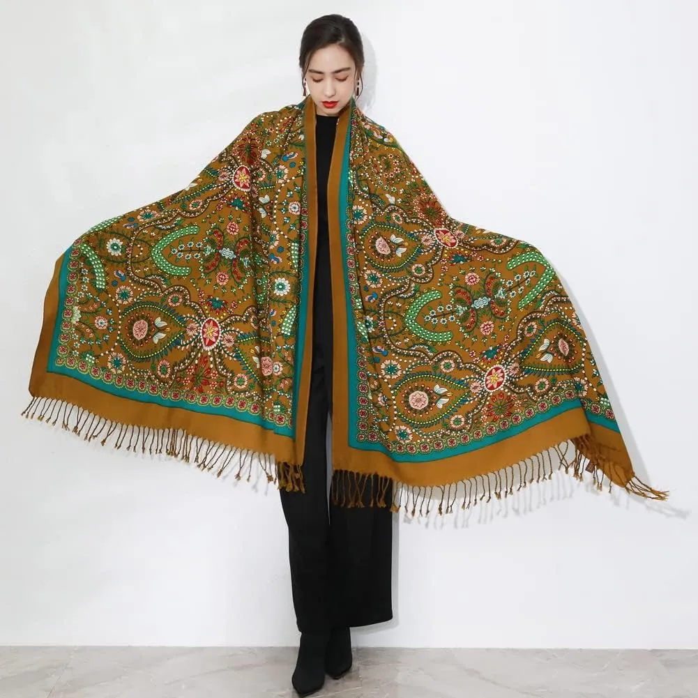 DANA XU 100% Merino Wool Extra Large Pashmina Blanket Travel Scarf Cashmere Wrap for Women Fall Winter Oversize Shawl Floral