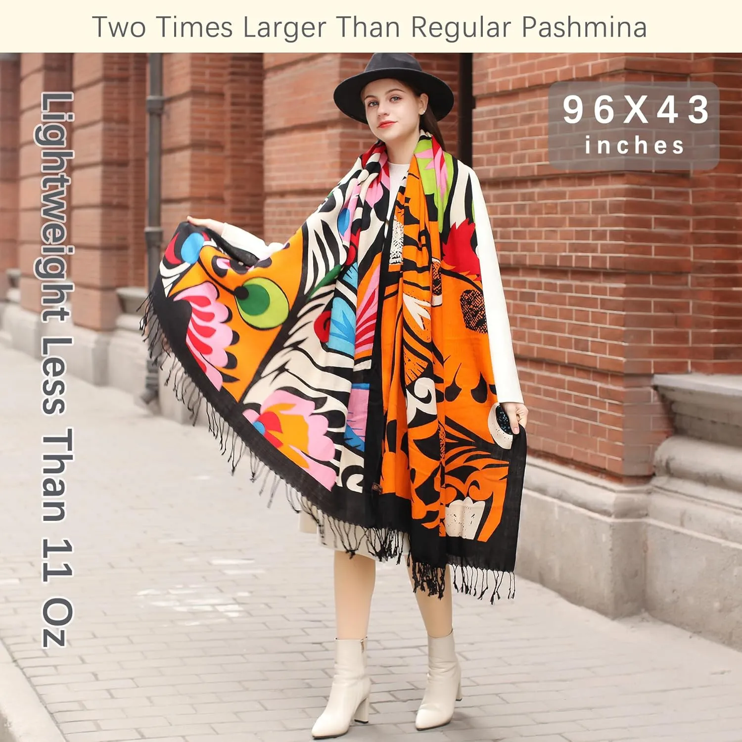 DANA XU 100% Merino Wool Extra Large Pashmina Blanket Travel Scarf Cashmere Wrap for Women Fall Winter Oversize Shawl Floral