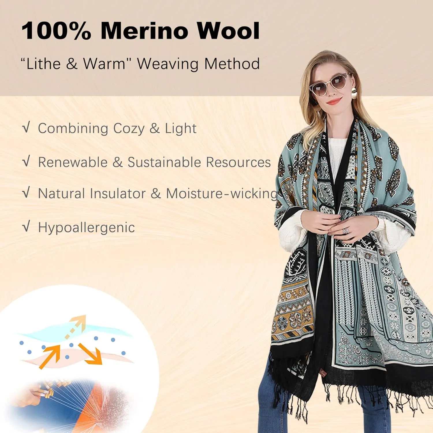 DANA XU 100% Merino Wool Extra Large Pashmina Blanket Travel Scarf Cashmere Wrap for Women Fall Winter Oversize Shawl Floral