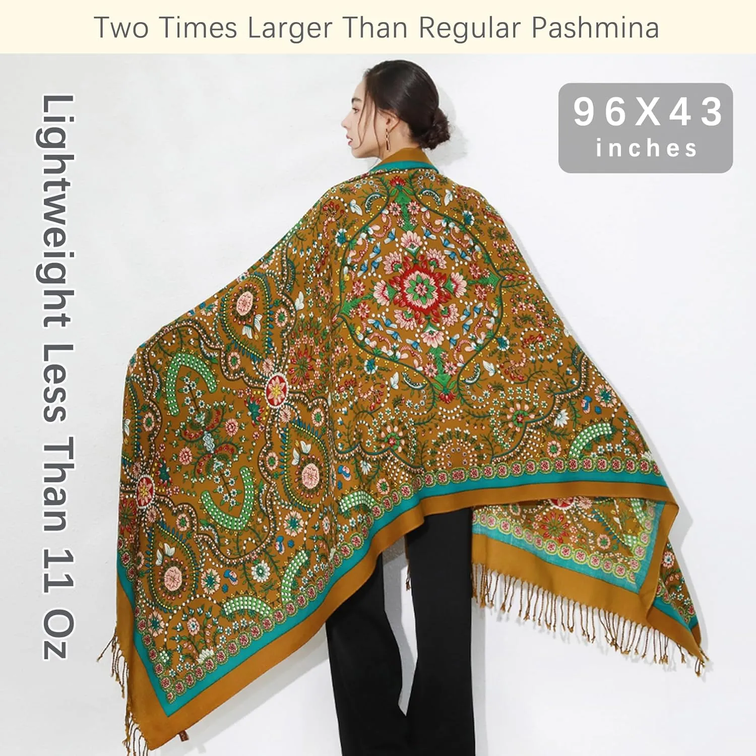 DANA XU 100% Merino Wool Extra Large Pashmina Blanket Travel Scarf Cashmere Wrap for Women Fall Winter Oversize Shawl Floral