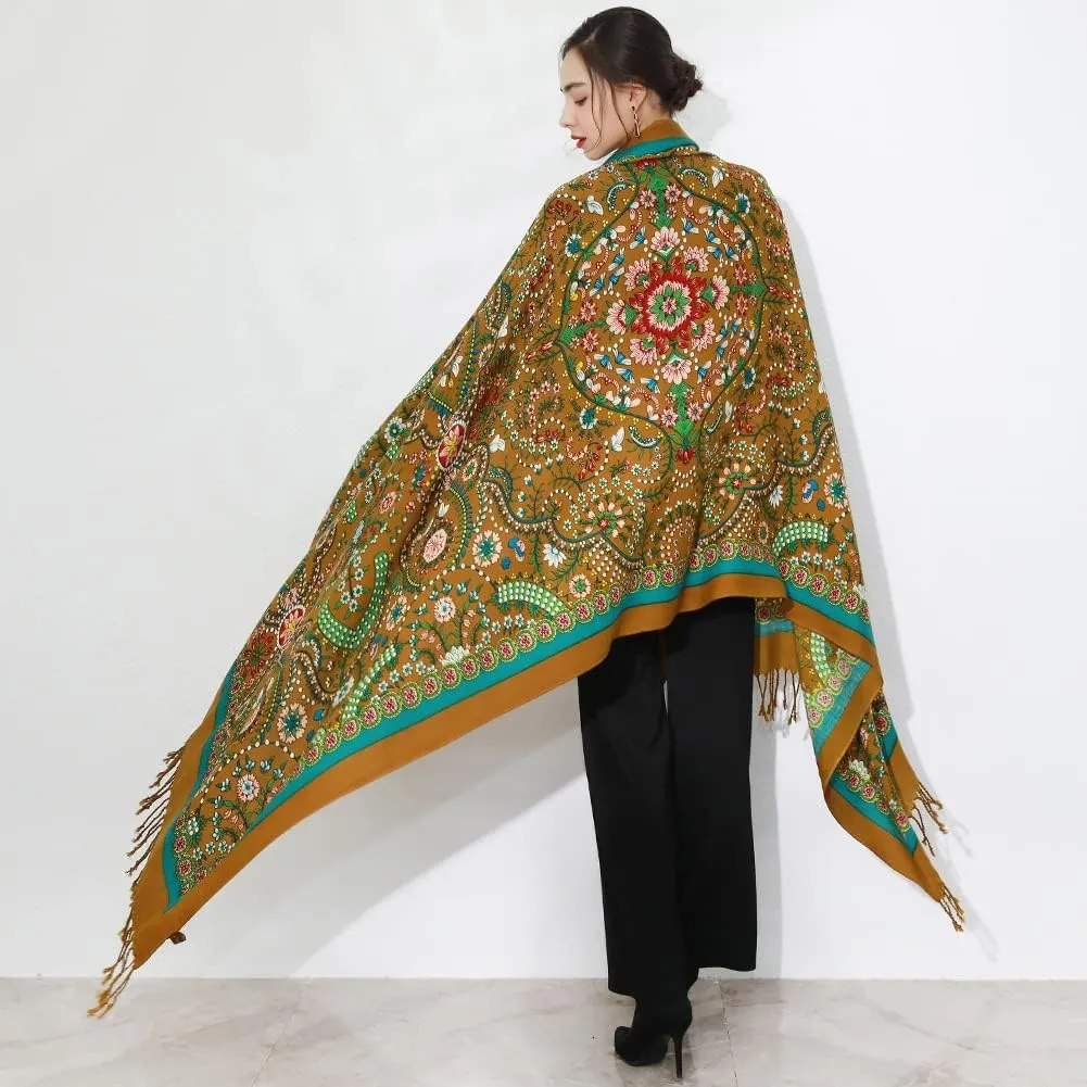 DANA XU 100% Merino Wool Extra Large Pashmina Blanket Travel Scarf Cashmere Wrap for Women Fall Winter Oversize Shawl Floral