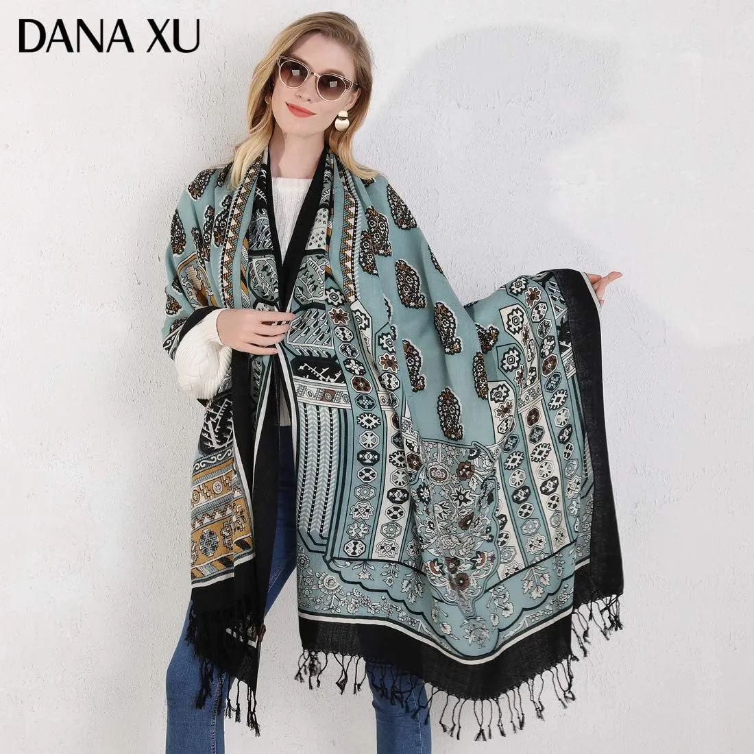 DANA XU 100% Merino Wool Extra Large Pashmina Blanket Travel Scarf Cashmere Wrap for Women Fall Winter Oversize Shawl Floral
