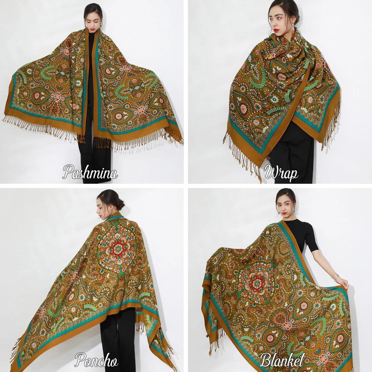 DANA XU 100% Merino Wool Extra Large Pashmina Blanket Travel Scarf Cashmere Wrap for Women Fall Winter Oversize Shawl Floral