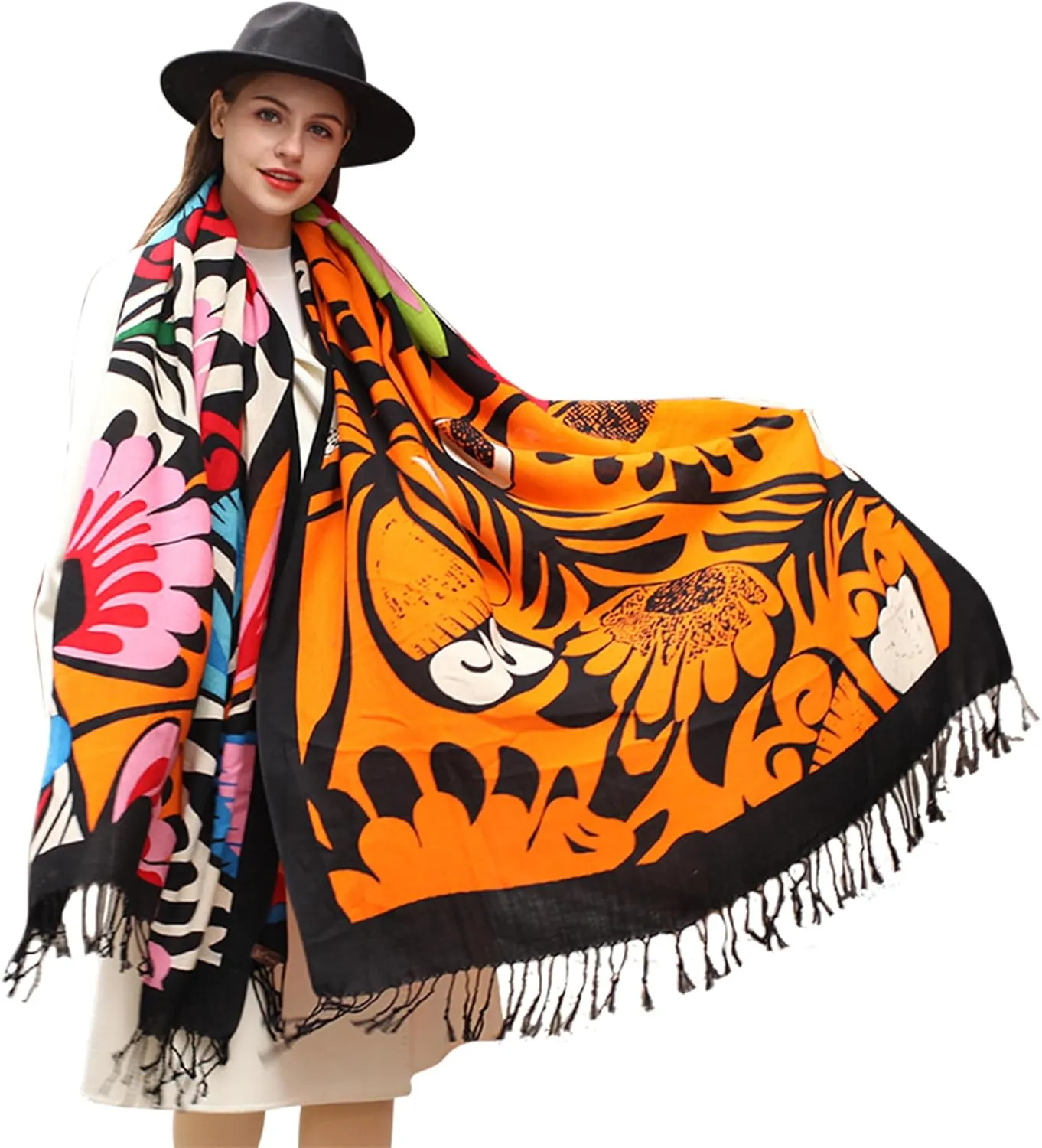 DANA XU 100% Merino Wool Extra Large Pashmina Blanket Travel Scarf Cashmere Wrap for Women Fall Winter Oversize Shawl Floral