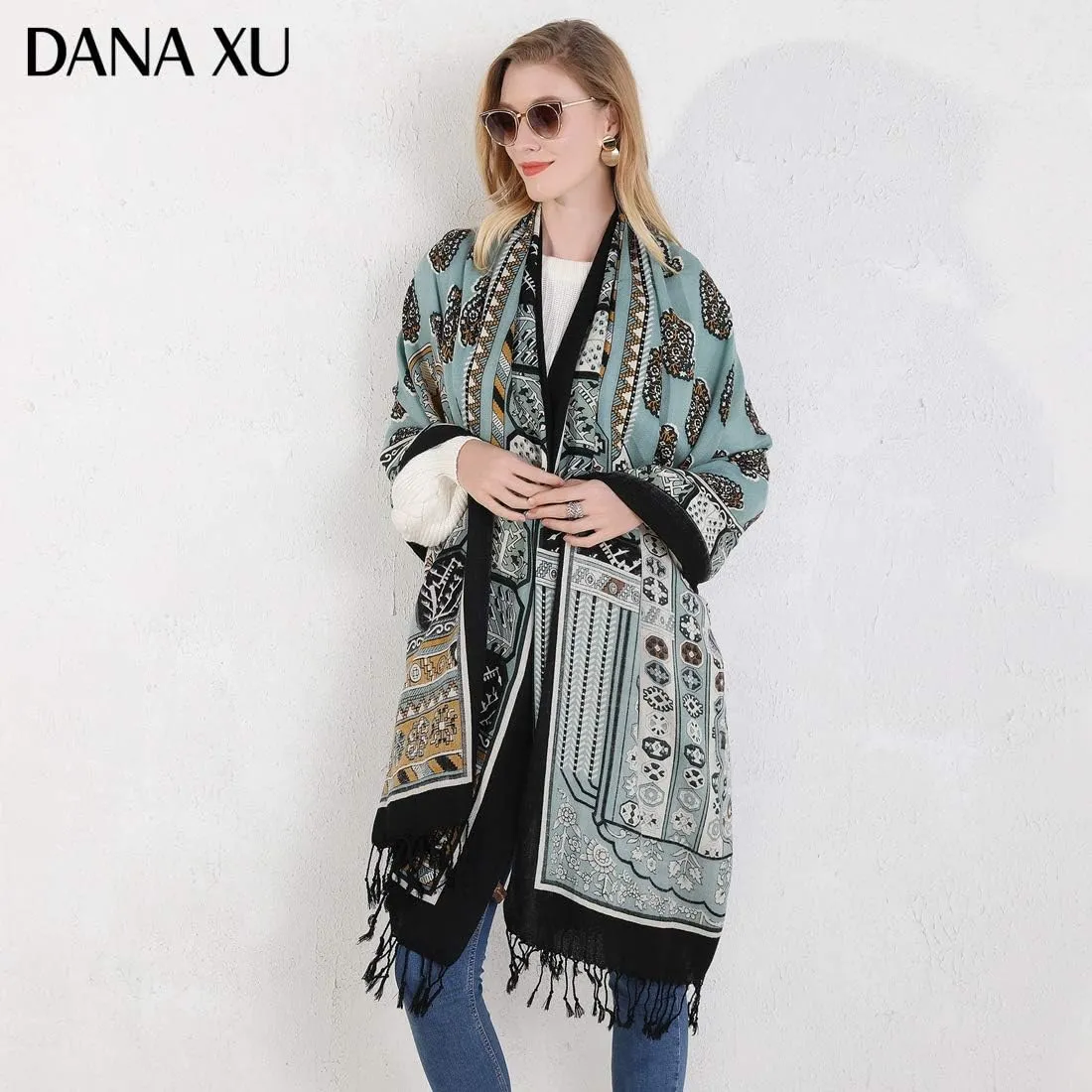 DANA XU 100% Merino Wool Extra Large Pashmina Blanket Travel Scarf Cashmere Wrap for Women Fall Winter Oversize Shawl Floral