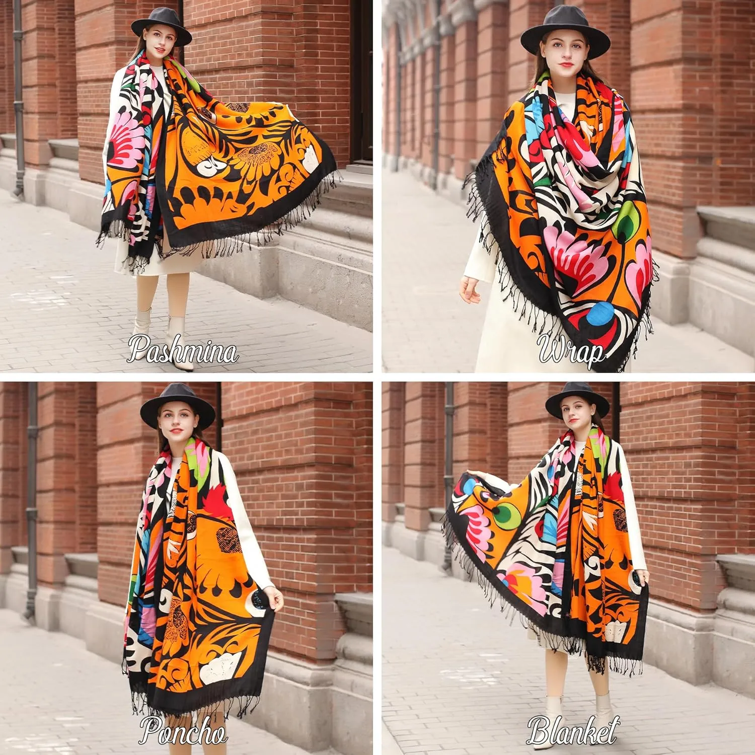 DANA XU 100% Merino Wool Extra Large Pashmina Blanket Travel Scarf Cashmere Wrap for Women Fall Winter Oversize Shawl Floral