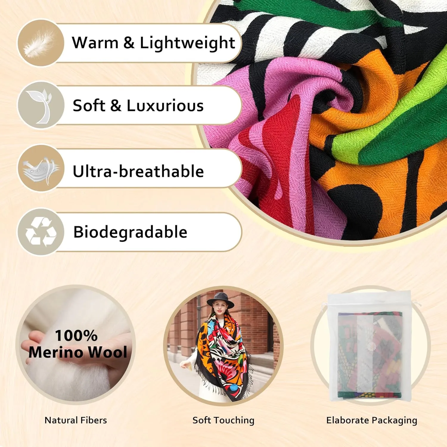 DANA XU 100% Merino Wool Extra Large Pashmina Blanket Travel Scarf Cashmere Wrap for Women Fall Winter Oversize Shawl Floral