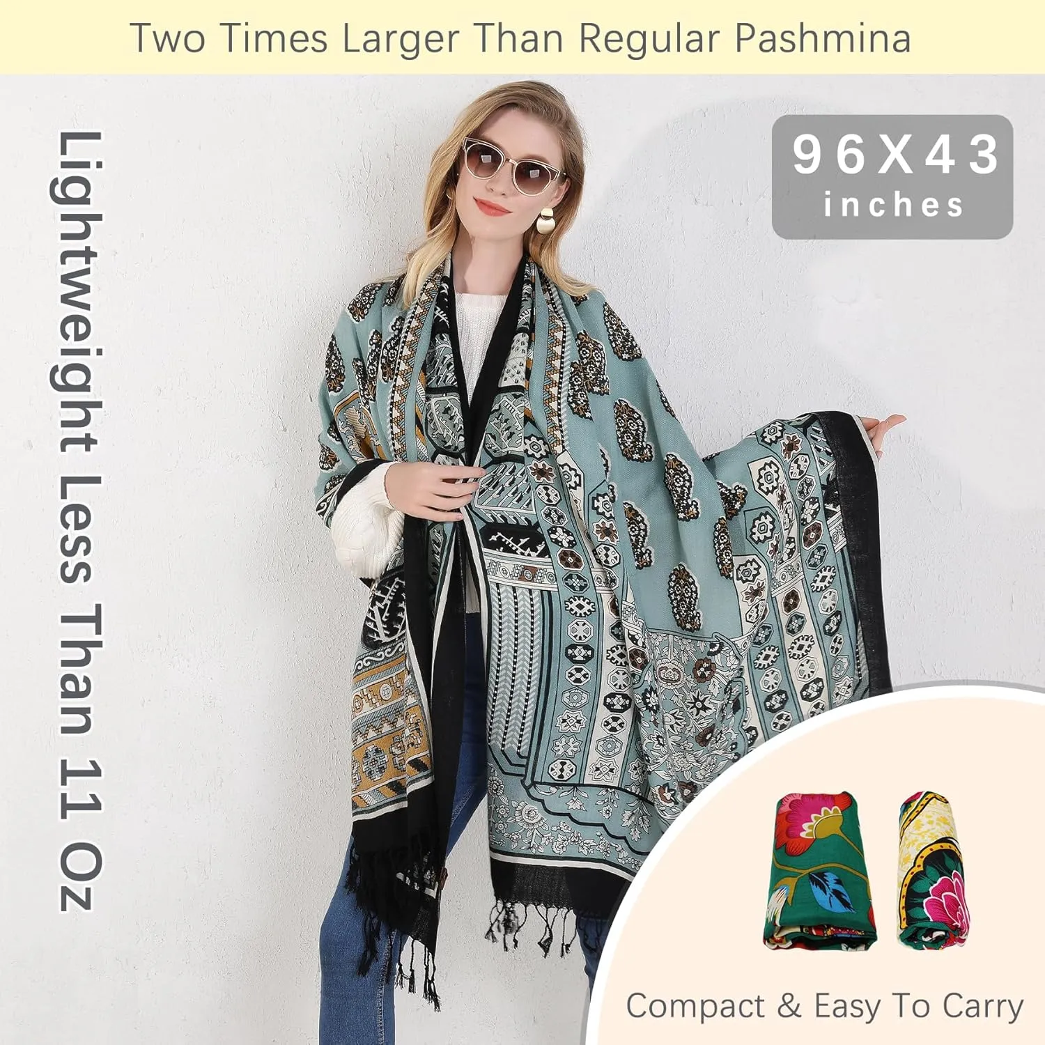 DANA XU 100% Merino Wool Extra Large Pashmina Blanket Travel Scarf Cashmere Wrap for Women Fall Winter Oversize Shawl Floral