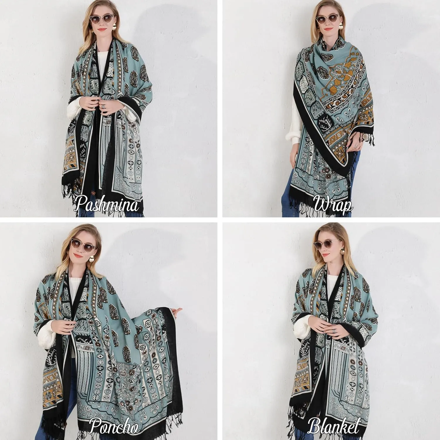 DANA XU 100% Merino Wool Extra Large Pashmina Blanket Travel Scarf Cashmere Wrap for Women Fall Winter Oversize Shawl Floral