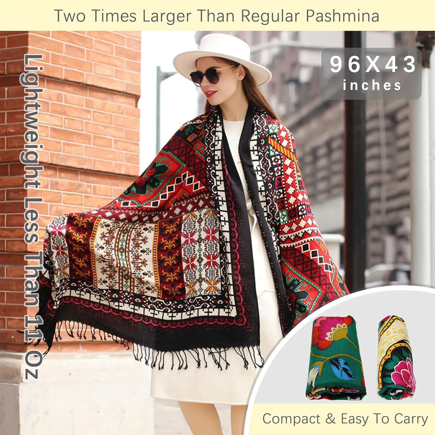 DANA XU 100% Merino Wool Extra Large Pashmina Blanket Travel Scarf Cashmere Wrap for Women Fall Winter Oversize Shawl Floral