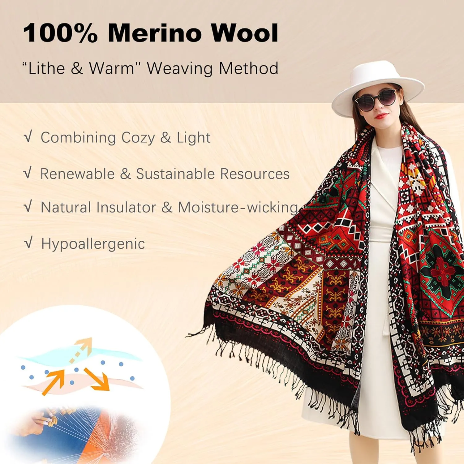 DANA XU 100% Merino Wool Extra Large Pashmina Blanket Travel Scarf Cashmere Wrap for Women Fall Winter Oversize Shawl Floral