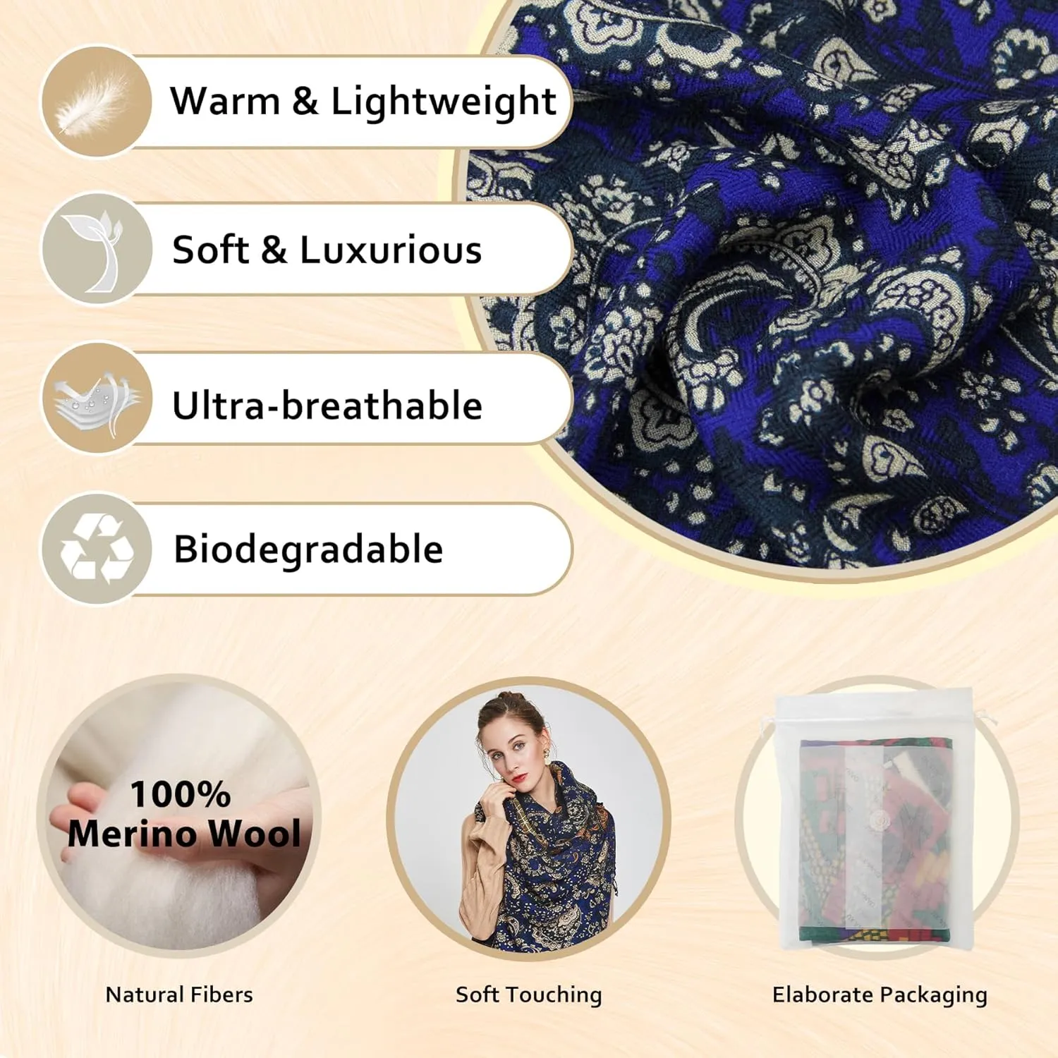 DANA XU 100% Merino Wool Extra Large Pashmina Blanket Travel Scarf Cashmere Wrap for Women Fall Winter Oversize Shawl Floral