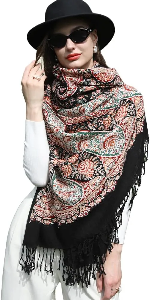 DANA XU 100% Merino Wool Extra Large Pashmina Blanket Travel Scarf Cashmere Wrap for Women Fall Winter Oversize Shawl Floral