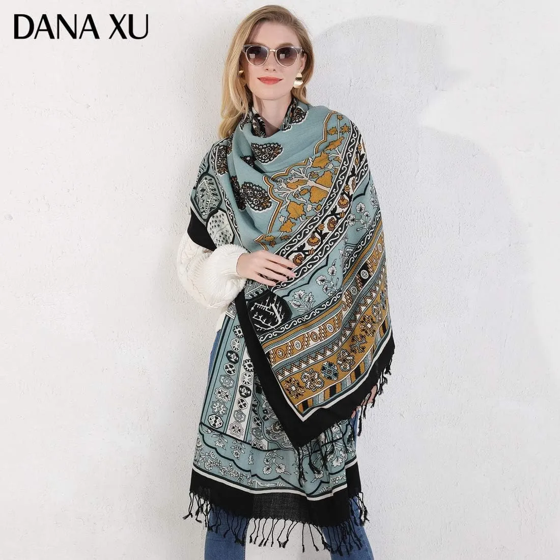 DANA XU 100% Merino Wool Extra Large Pashmina Blanket Travel Scarf Cashmere Wrap for Women Fall Winter Oversize Shawl Floral