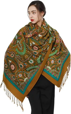 DANA XU 100% Merino Wool Extra Large Pashmina Blanket Travel Scarf Cashmere Wrap for Women Fall Winter Oversize Shawl Floral