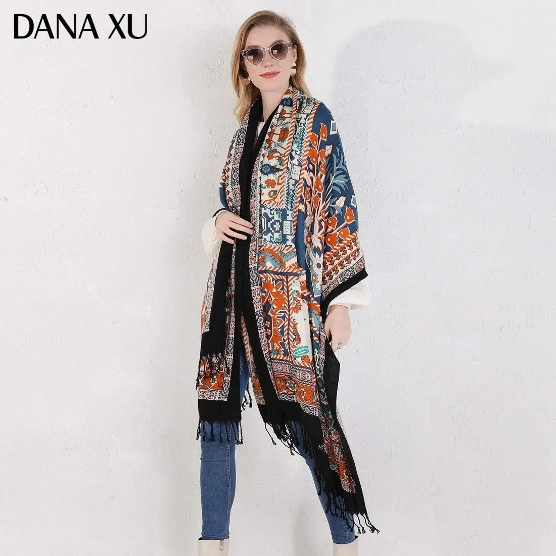 DANA XU Luxury 100% Pure Wool Oversized Extra Large Warm Floral Cashmere Pashmina Scarf Shawl And Wrap For Women Blanket Cape