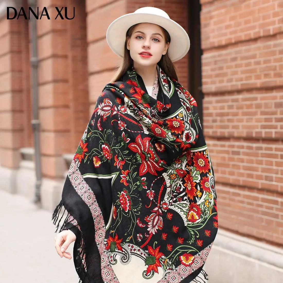 DANA XU Luxury 100% Pure Wool Oversized Extra Large Warm Floral Cashmere Pashmina Scarf Shawl And Wrap For Women Blanket Cape