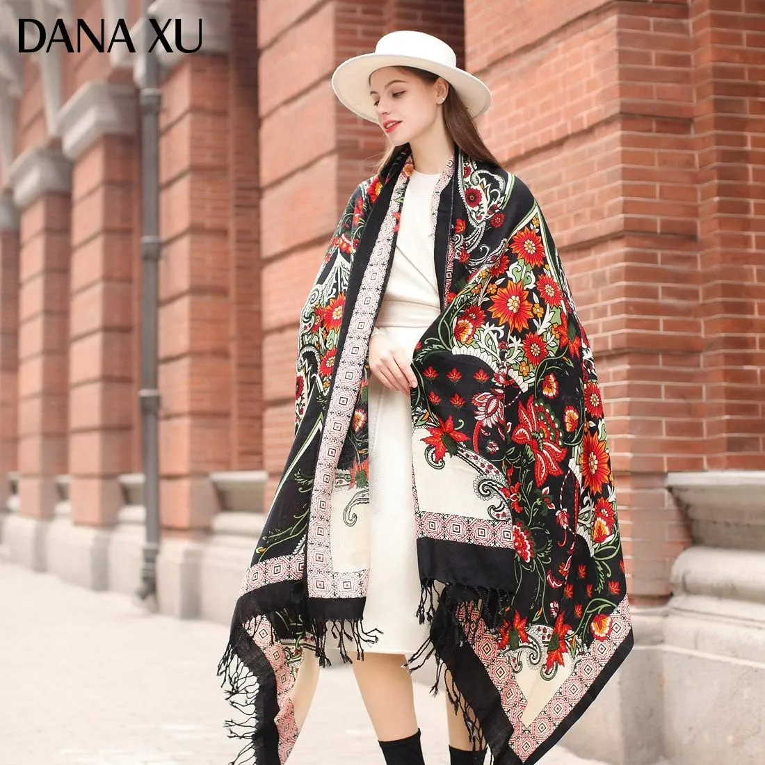 DANA XU Luxury 100% Pure Wool Oversized Extra Large Warm Floral Cashmere Pashmina Scarf Shawl And Wrap For Women Blanket Cape
