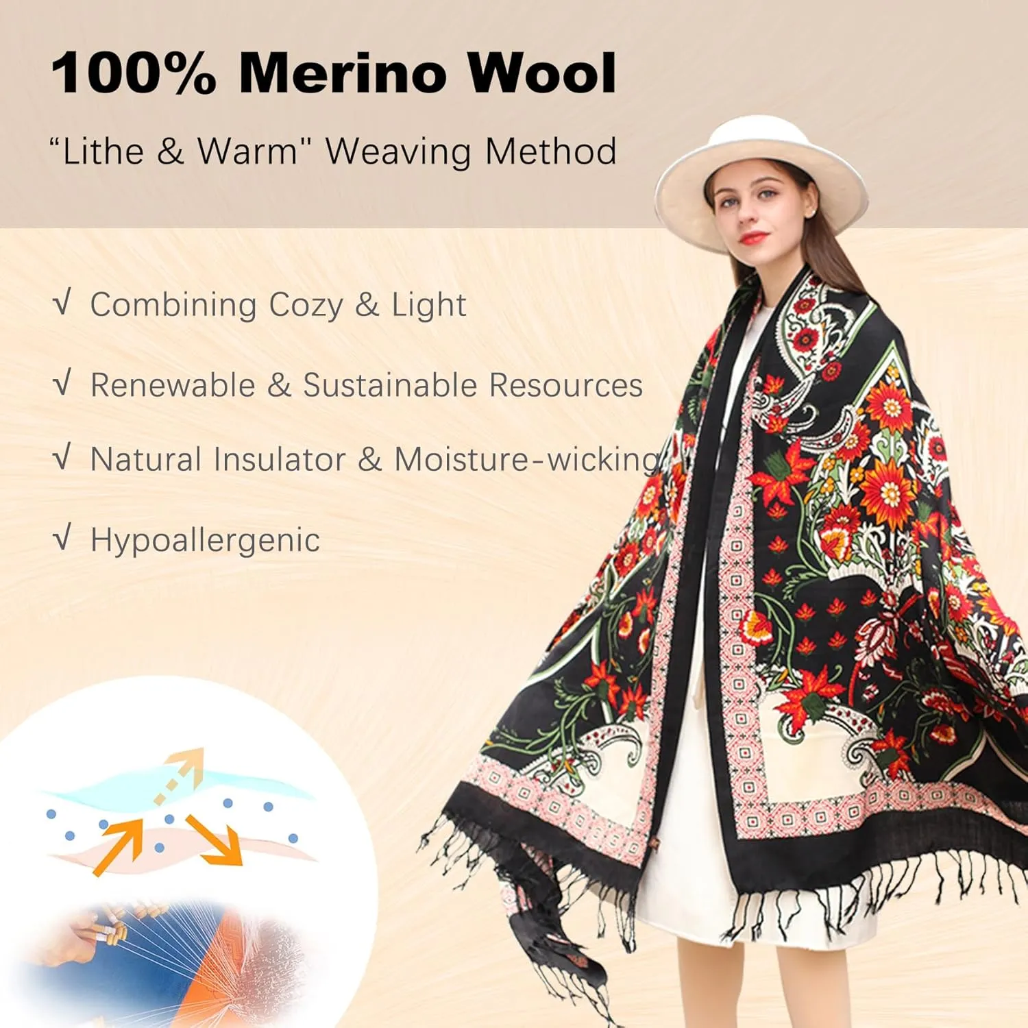 DANA XU Luxury 100% Pure Wool Oversized Extra Large Warm Floral Cashmere Pashmina Scarf Shawl And Wrap For Women Blanket Cape