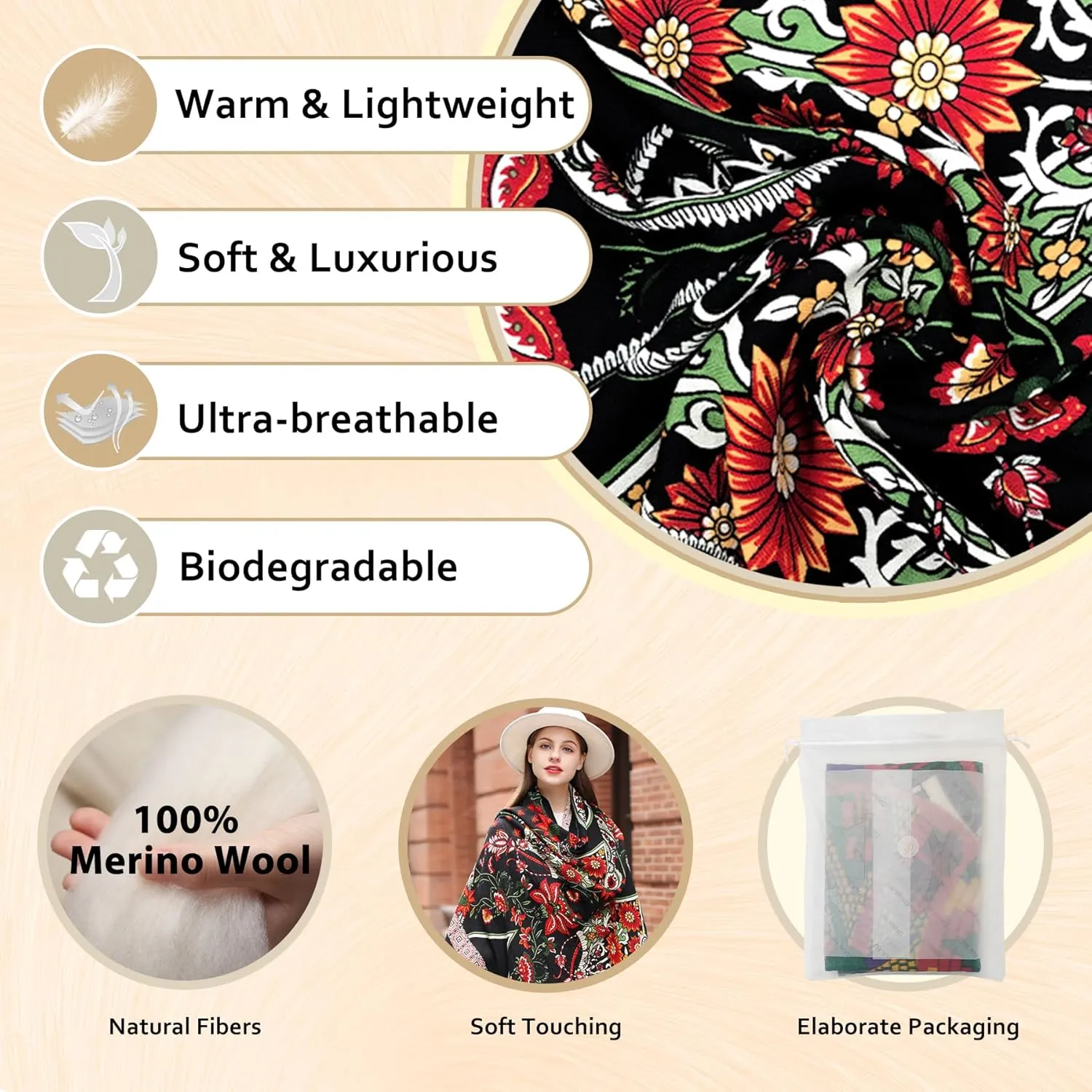 DANA XU Luxury 100% Pure Wool Oversized Extra Large Warm Floral Cashmere Pashmina Scarf Shawl And Wrap For Women Blanket Cape