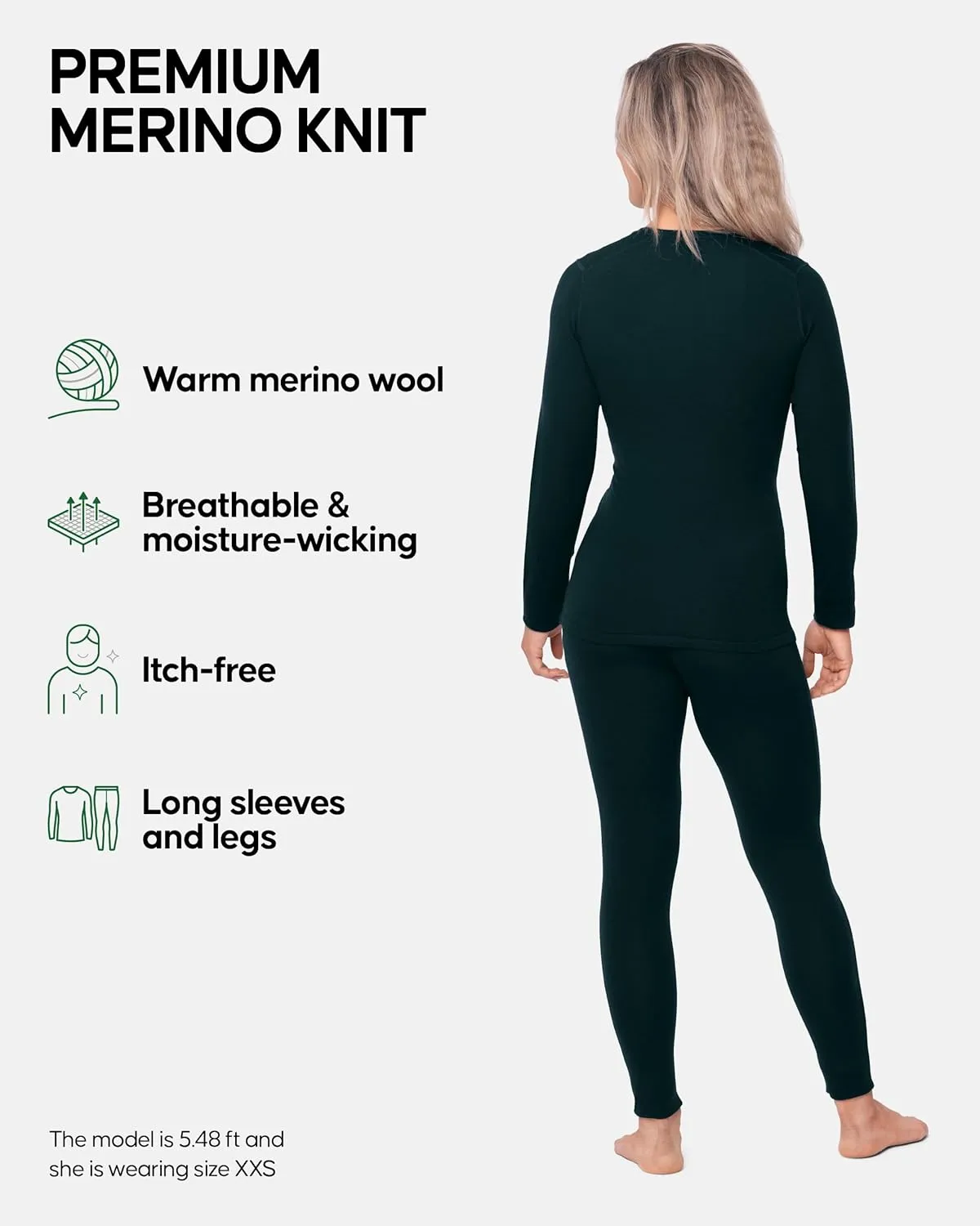 DANISH ENDURANCE Merino Wool Base Layer Set Women, Top and Bottom Set, Thermal Underwear for Womens, Tights, Long Sleeve