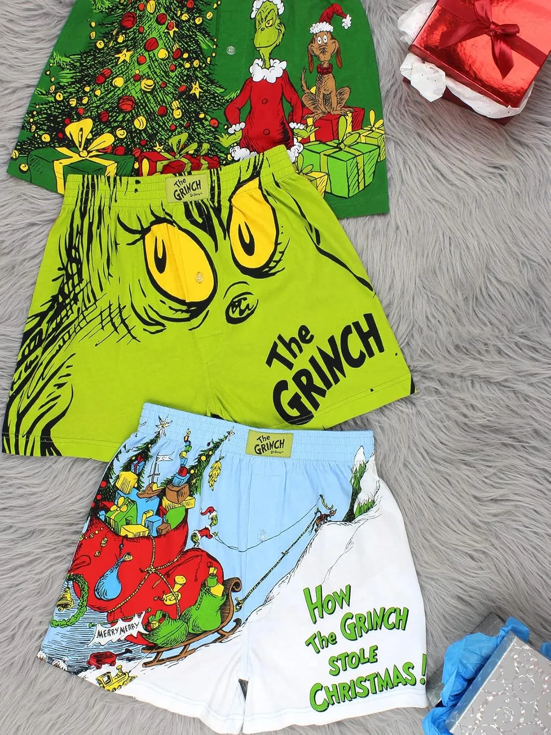 Dr. Seuss The Grinch Holiday Men's Button Fly Boxer Lounge Shorts