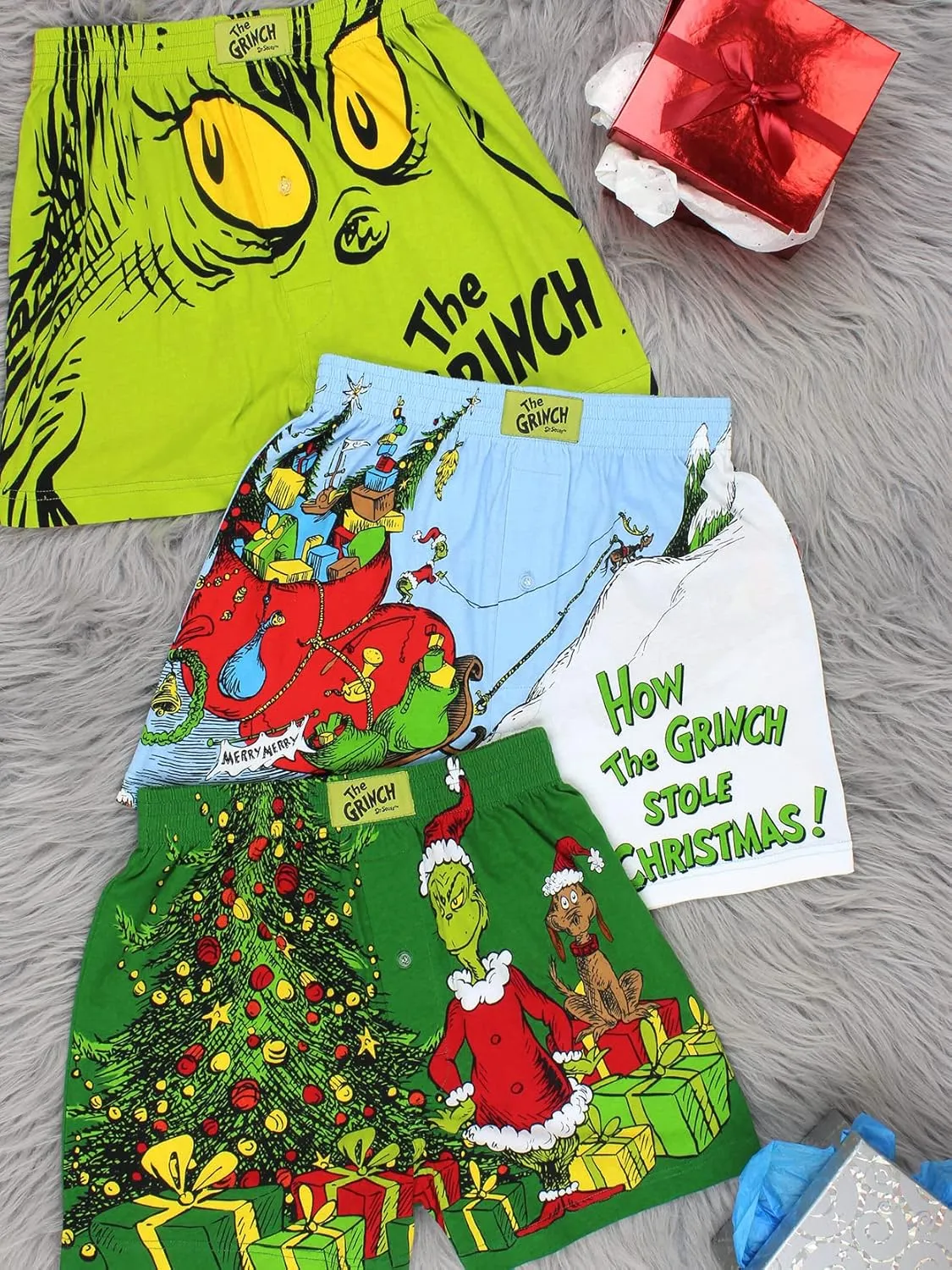 Dr. Seuss The Grinch Holiday Men's Button Fly Boxer Lounge Shorts