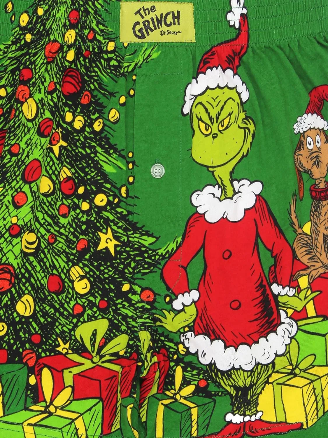 Dr. Seuss The Grinch Holiday Men's Button Fly Boxer Lounge Shorts