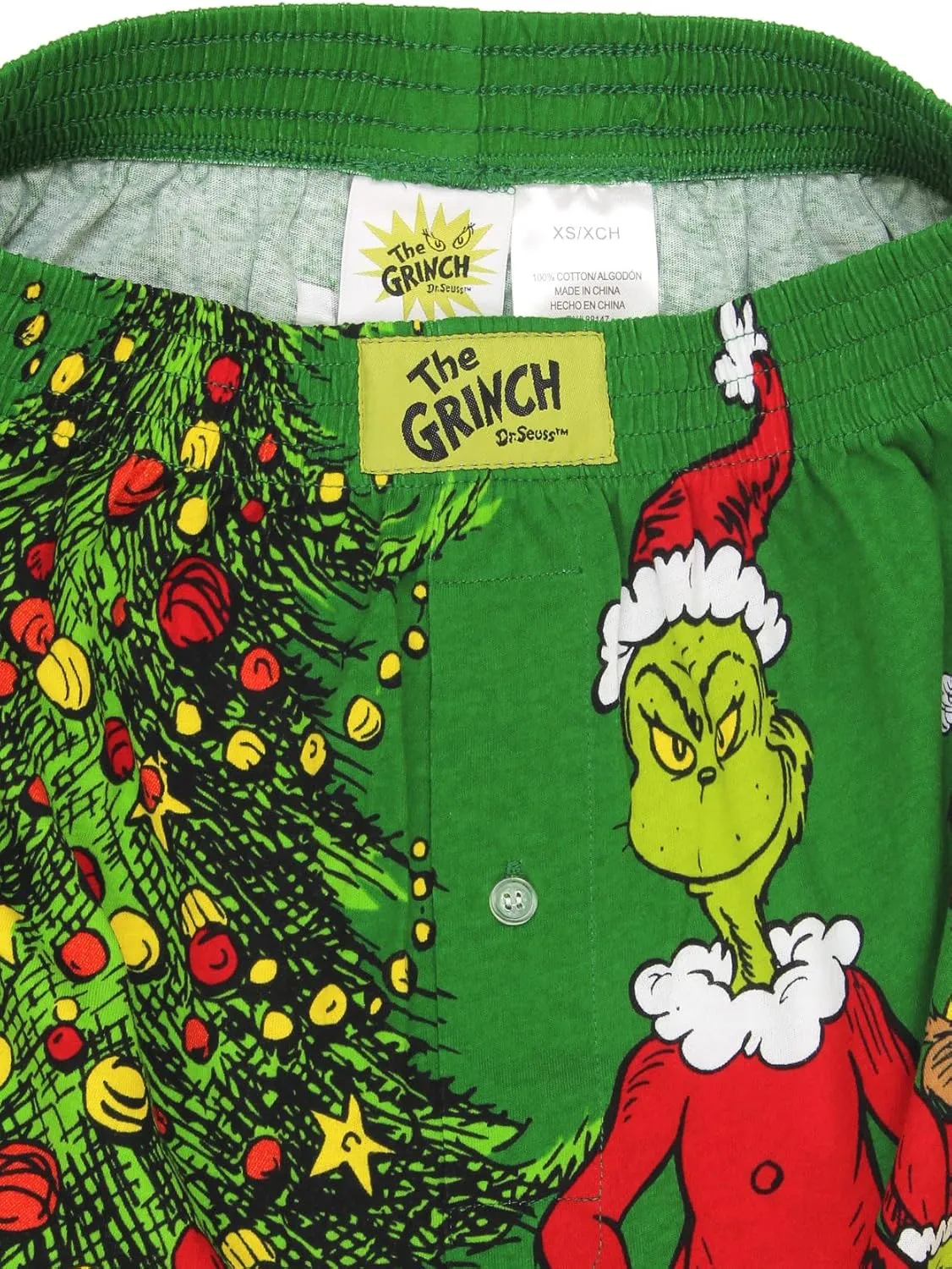 Dr. Seuss The Grinch Holiday Men's Button Fly Boxer Lounge Shorts