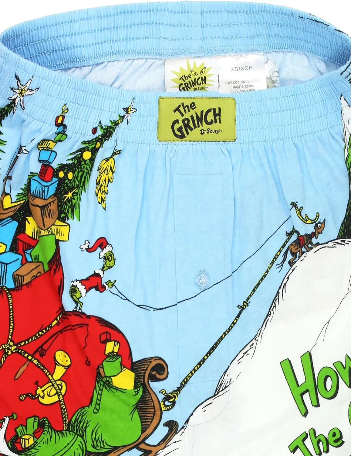Dr. Seuss The Grinch Holiday Men's Button Fly Boxer Lounge Shorts