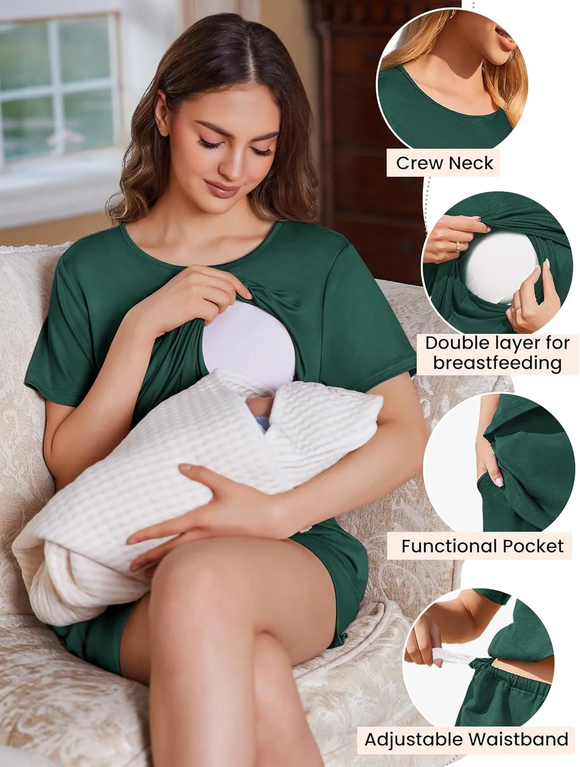 Ekouaer 2 Pack Women's Nursing Pajamas Set Double Layer Maternity Pjs Postpartum Loungewear Set Breastfeeding Tops & Shorts