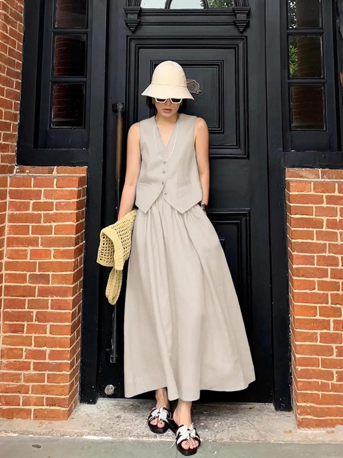 ELLEVEN 2 Piece Linen Sets for Women Summer Outfit,V-Neck Vest Top & Flowy Maxi Skirt