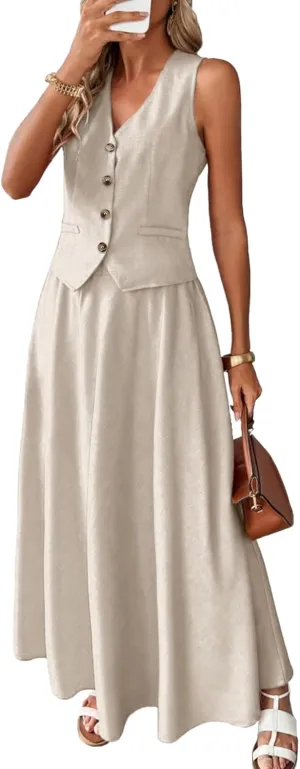 ELLEVEN 2 Piece Linen Sets for Women Summer Outfit,V-Neck Vest Top & Flowy Maxi Skirt