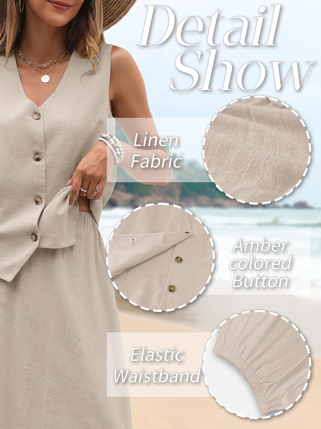 ELLEVEN 2 Piece Linen Sets for Women Summer Outfit,V-Neck Vest Top & Flowy Maxi Skirt