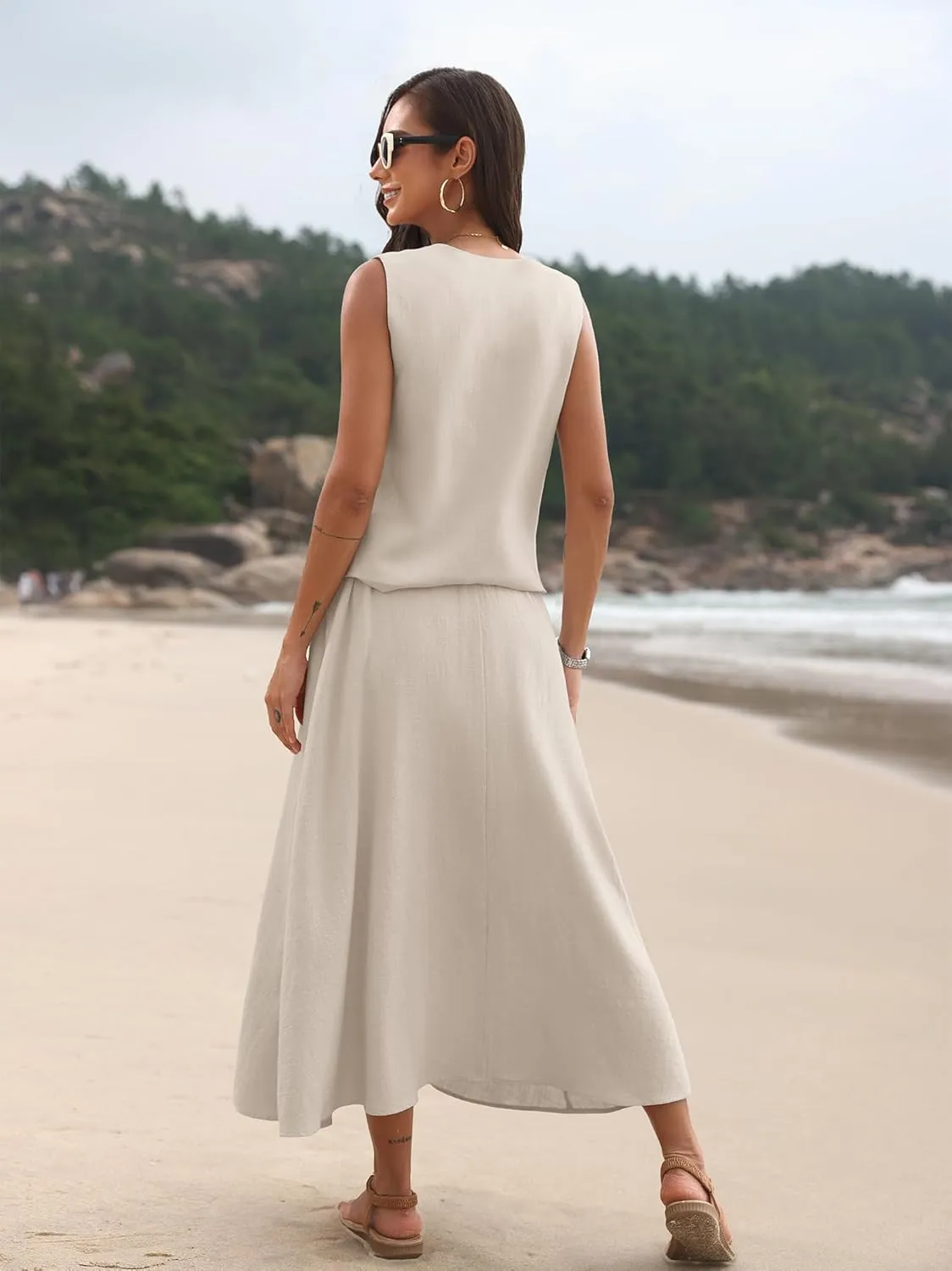 ELLEVEN 2 Piece Linen Sets for Women Summer Outfit,V-Neck Vest Top & Flowy Maxi Skirt