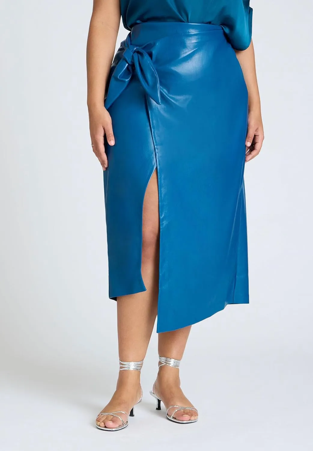 ELOQUII Women's Plus Size Wrap Front Faux Leather Midi Skirt