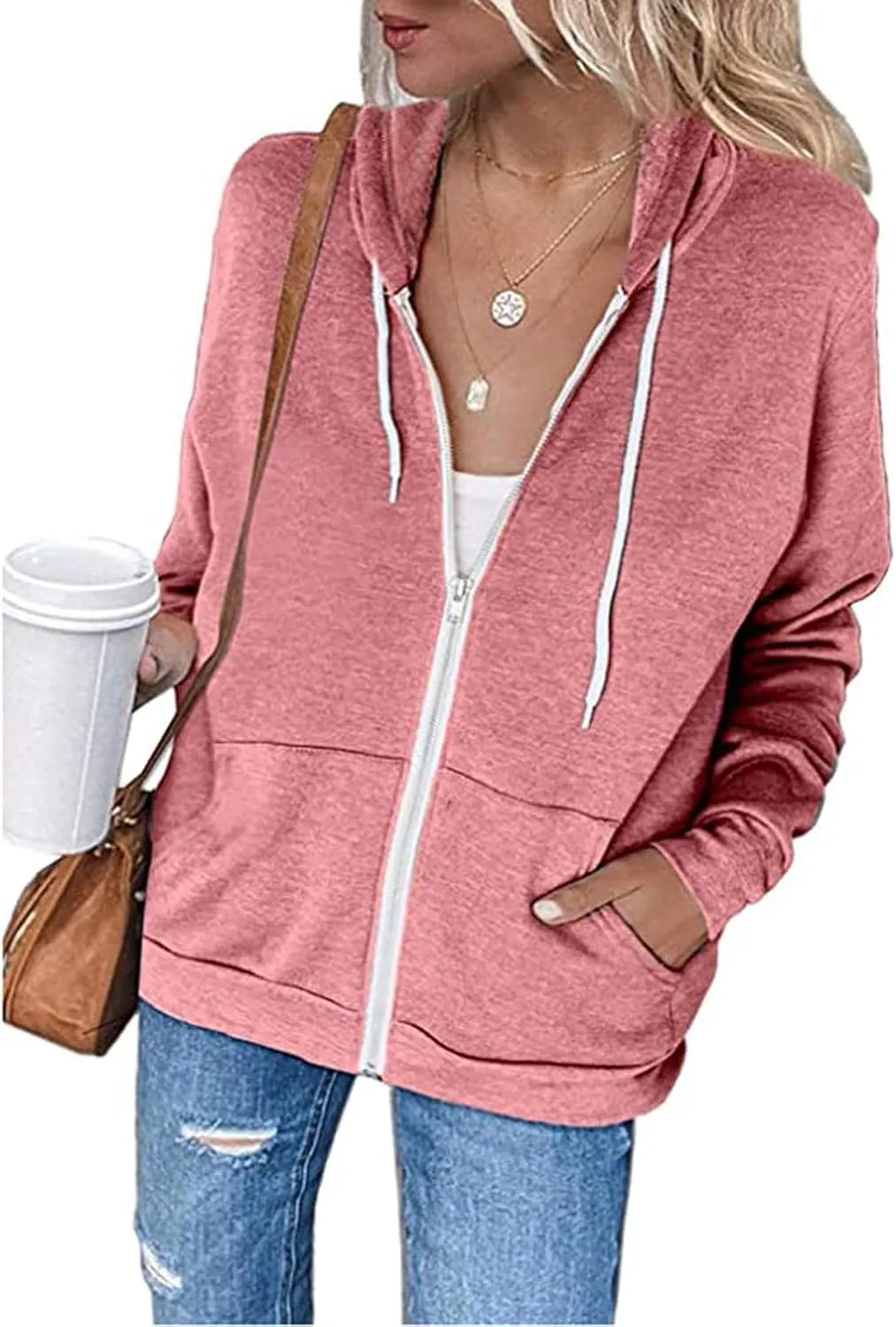 Fall Hoodies for Women Sweatshirts Long Sleeve Plain Color Hooded Jackets Drawstring Blouse Tops with Pockets