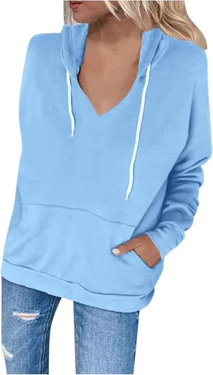 Fall Hoodies for Women Sweatshirts Long Sleeve Plain Color Hooded Jackets Drawstring Blouse Tops with Pockets