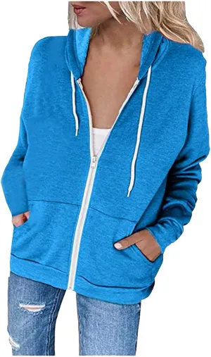 Fall Hoodies for Women Sweatshirts Long Sleeve Plain Color Hooded Jackets Drawstring Blouse Tops with Pockets