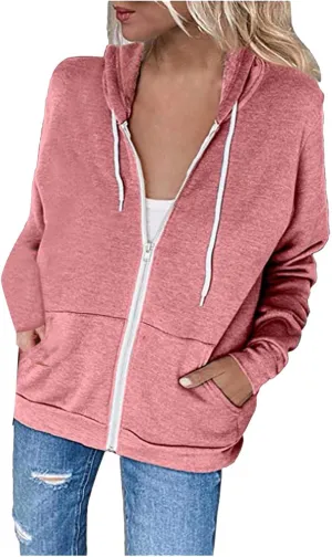 Fall Hoodies for Women Sweatshirts Long Sleeve Plain Color Hooded Jackets Drawstring Blouse Tops with Pockets