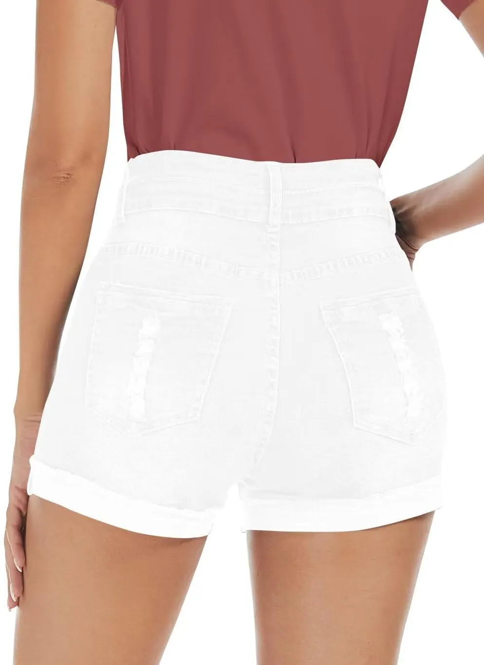 FEKOAFE 2025 Womens Casual Mid/High Waisted Denim Shorts Summer Stretchy Ripped Jean Shorts for Women