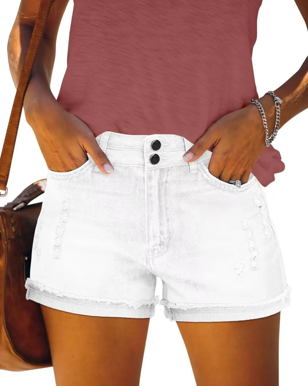 FEKOAFE 2025 Womens Casual Mid/High Waisted Denim Shorts Summer Stretchy Ripped Jean Shorts for Women