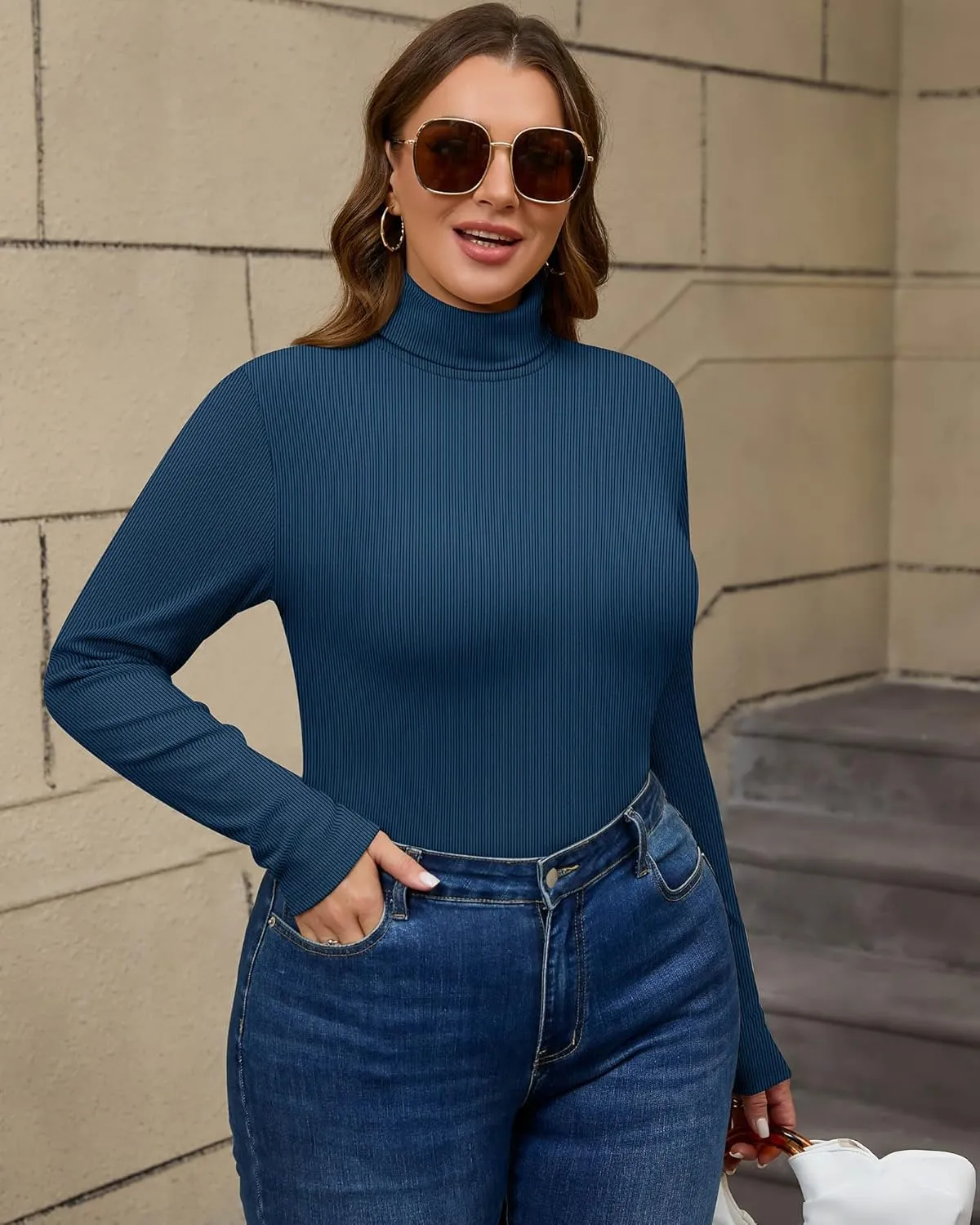 Ficerd Women's 3 Pack Plus Size Thermal Turtleneck Tops Ribbed Long Sleeve Shirts Stretch Slim Fit Base Layer